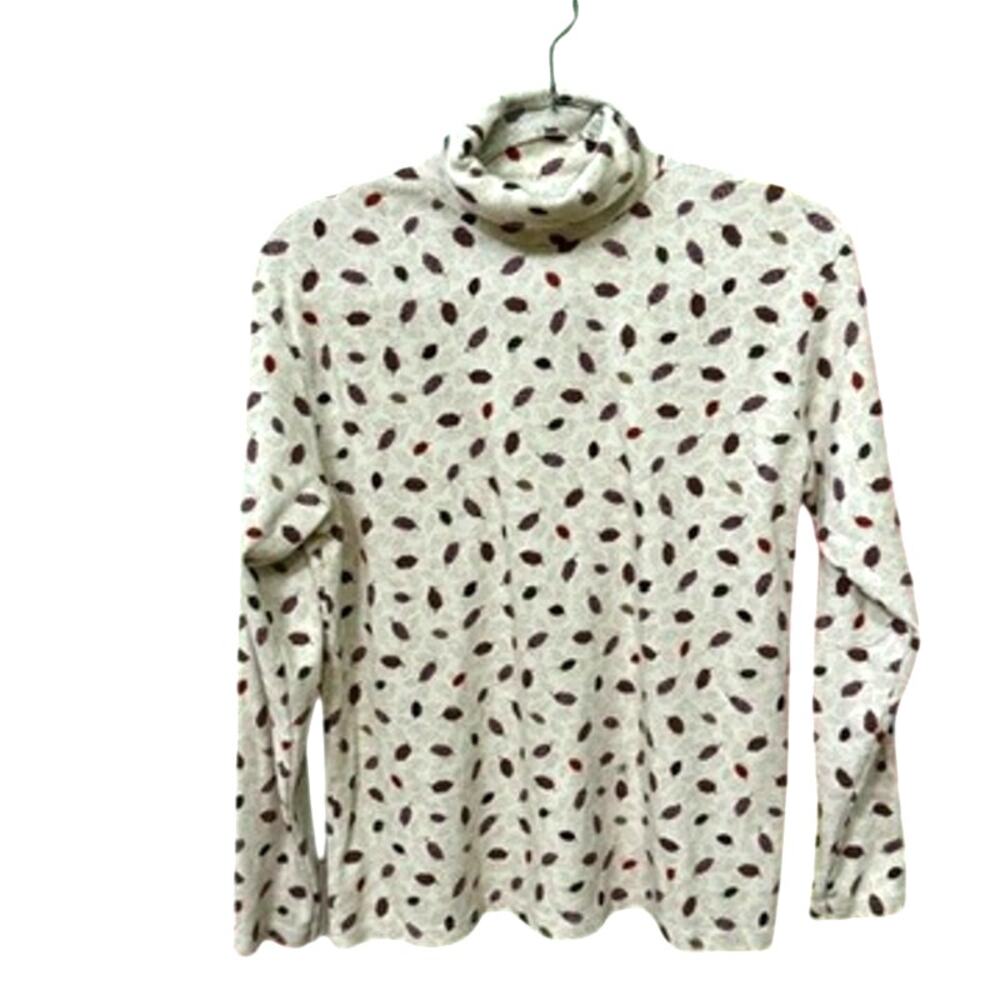 Bobbie Brooks Turtleneck Women Size L Cream Autumn Leaf Fall Print 90s Granny